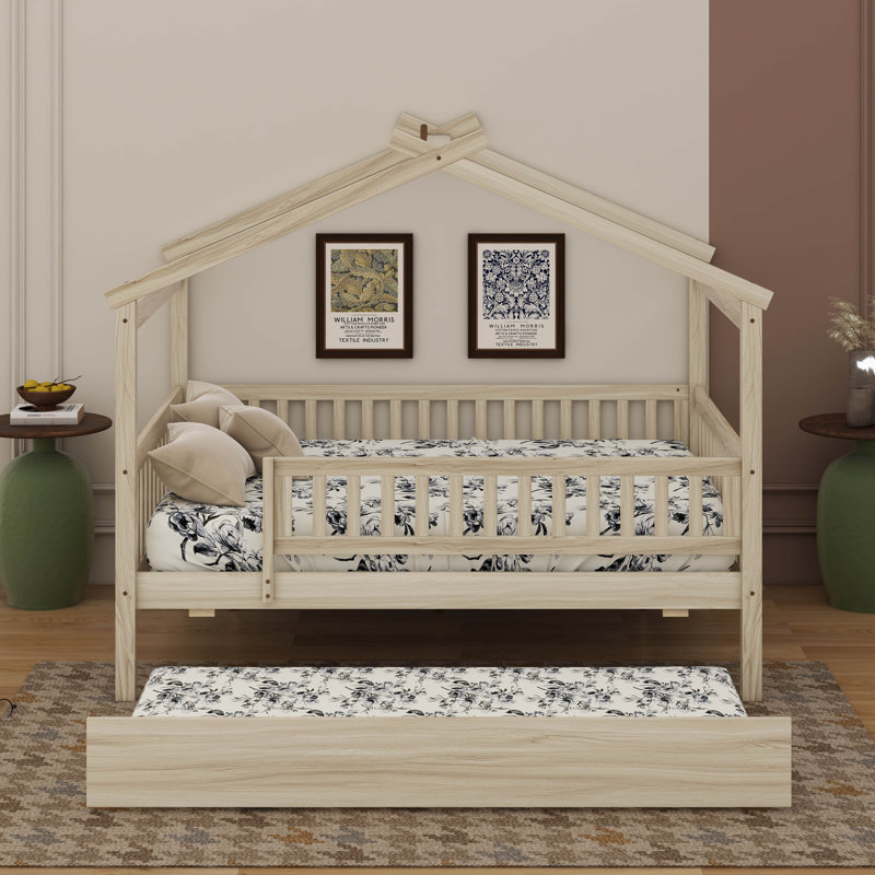 Wooden House Bed With Trundle, Lit double, Naturel