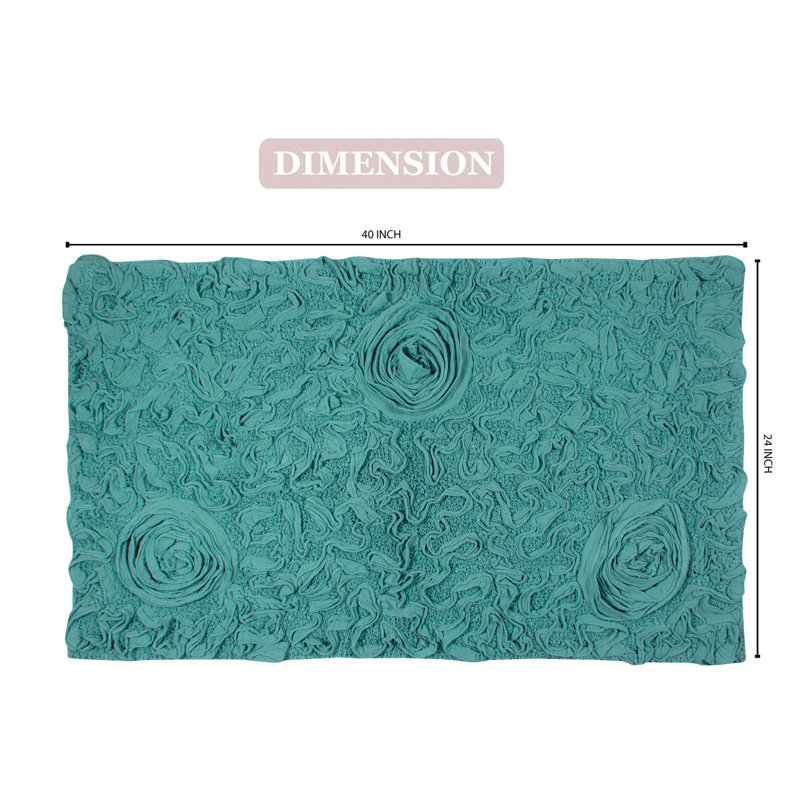Schoenberger Floral Design Cotton Bath Rug, 40" L x 24" W, Turquoise