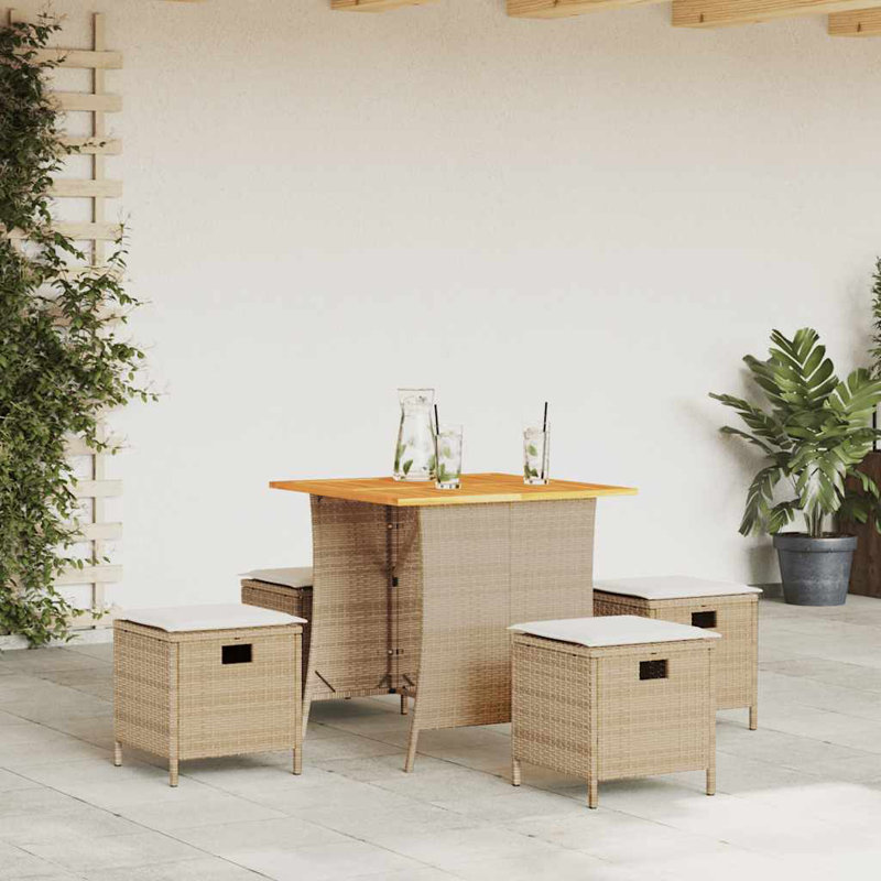 Ensemble repas de patio 5 pièces avec coussins en rotin de polyester, Blanc, Beige
