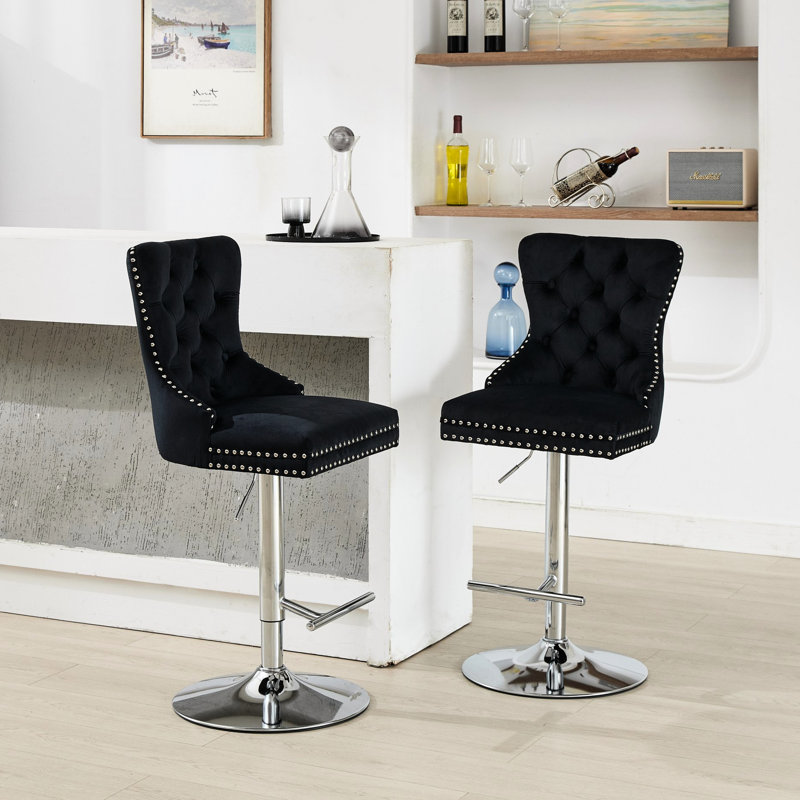 Thick Swivel Velvet 17.7" Base Adjustable 25 - 33" Height Modern Upholstered Buttons Diamond Sponge Spring Seat For Home Pub Kitchen Island Black Of 2