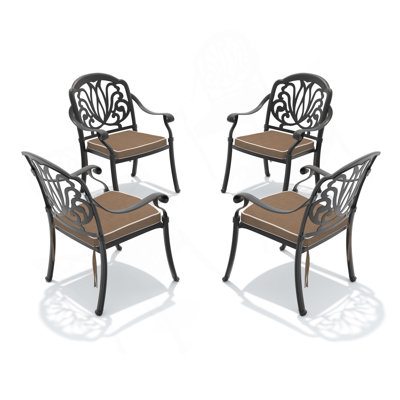 Cast Aluminum Patio Dining Chair 4PCS With Black Frame and Brown Cushions