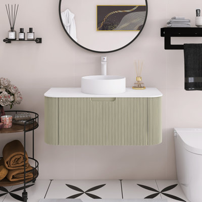 Meuble-lavabo mural 36 po avec bords arrondis et conception rayée, armoire de rangement avec tiroir, jumelé à un lavabo rond en céramique blanche