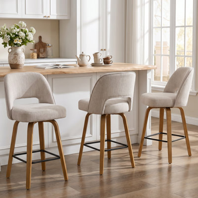 26" Swivel Upholstered Counter Stool with Natural Oak Finish Bentwood Legs