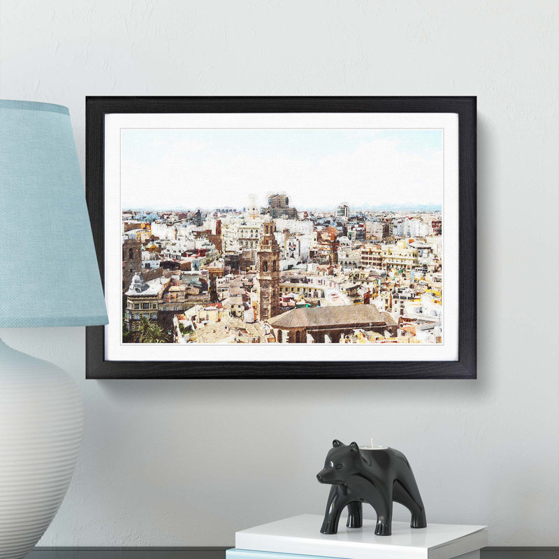 The Valencia Skyline in Spain - Picture Frame Painting Print, 36cm H x 48cm W x 2cm D, Black Framed