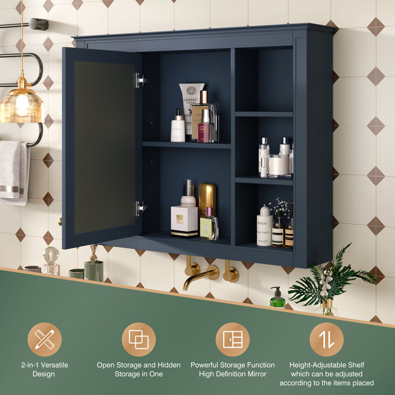 Elin 35 po L 27,5 po H Grande armoire à pharmacie rectangulaire à fixation en surface avec miroir, Bleu