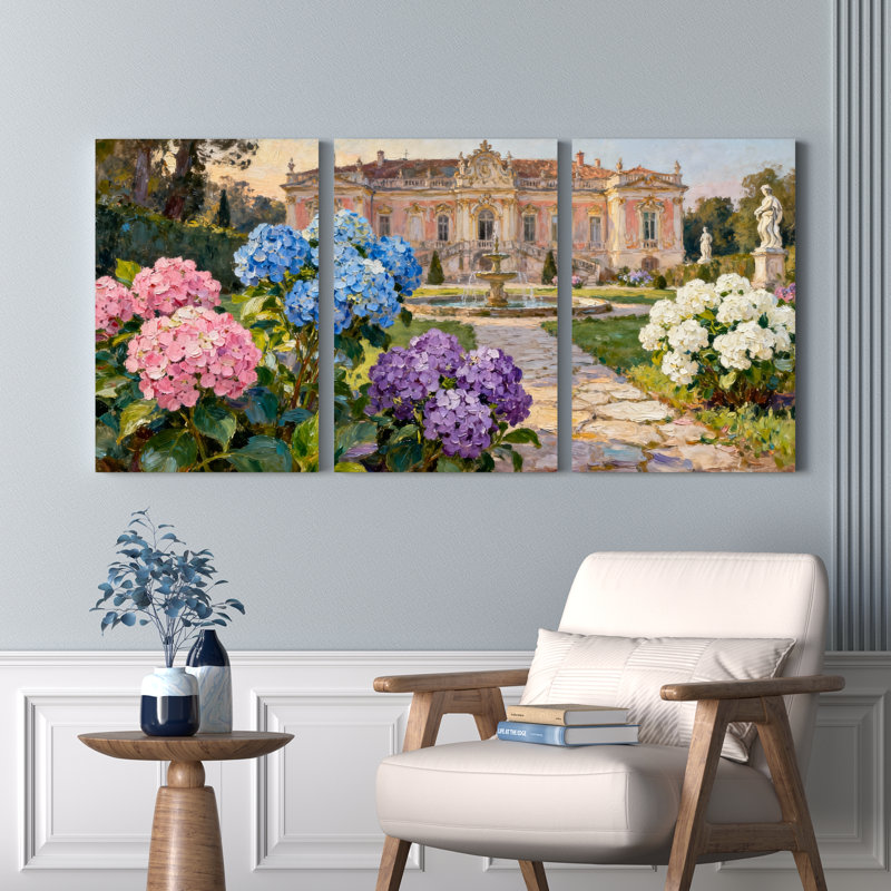 Ensemble de 3 toiles murales « Paysage de palais et d'hortensias », H 24 po x l 48 po
