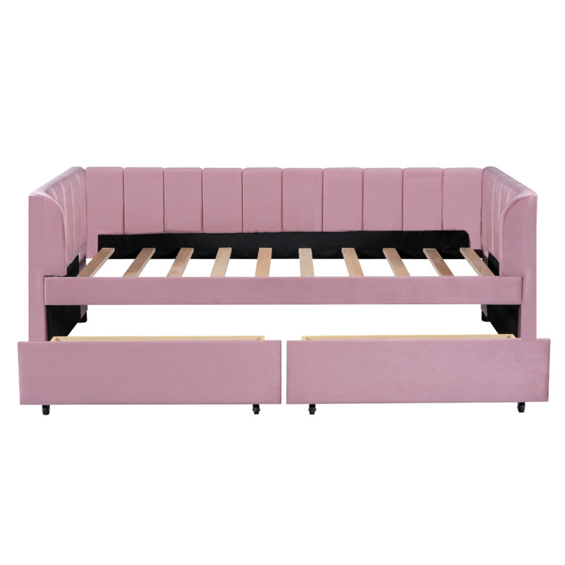 Upholstered Daybed With Ergonomic Design Backrest And 2 Drawers, Pink