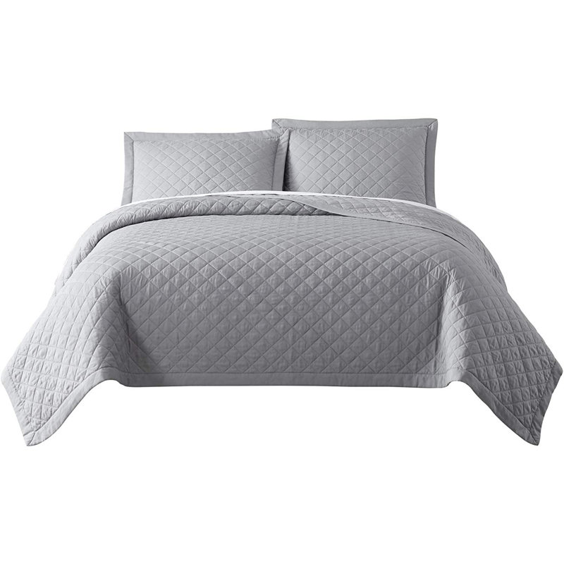 3 Piece Diamond Stitch Lightweight Cooling Quilt Set, Queen Quilt + 2 Standard Shams, Light Gray