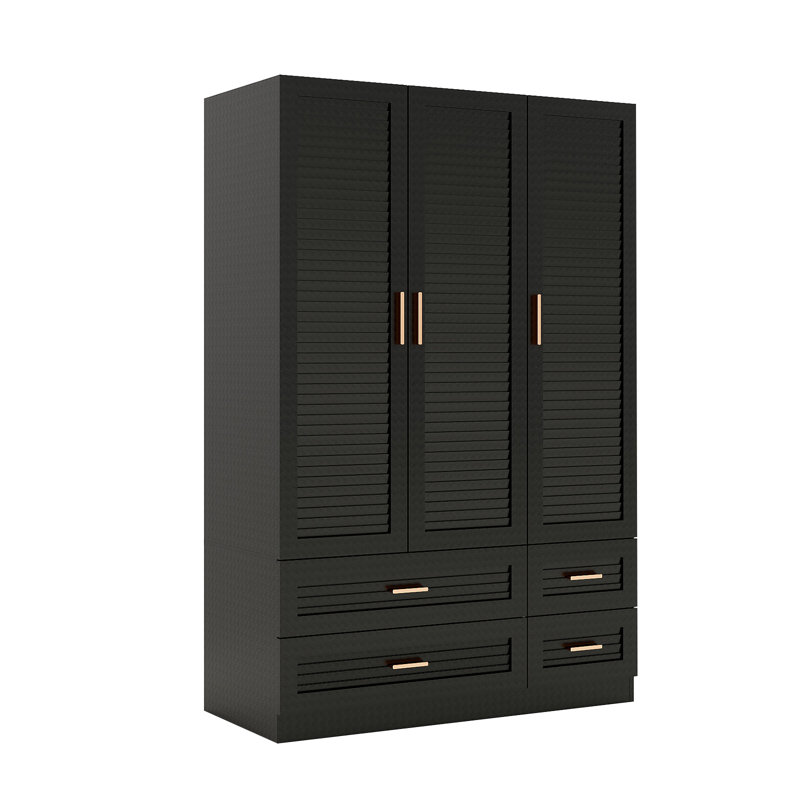 Armoire-penderie à 3 portes en bois manufacturé massif avec tiroirs, noir