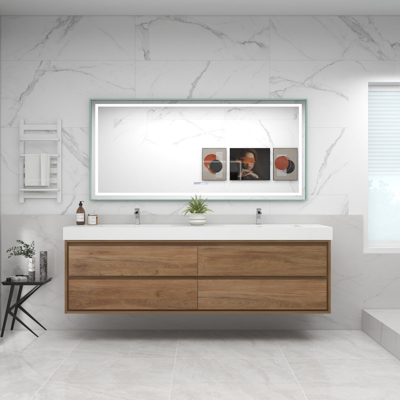 84'' Double Bathroom Vanity with Acrylic Top, White Oak
