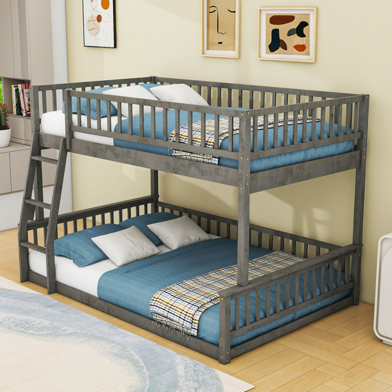 Wood Bunk Bed With Ladder And Slats, Gray, Full XL Over Queen