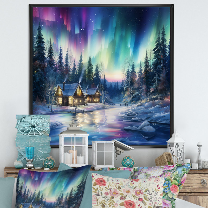 Impression sur toile «Northern Lights Charm In Winter I», H 24 po x l 24 po x P 1 po, Cadre flottant noir