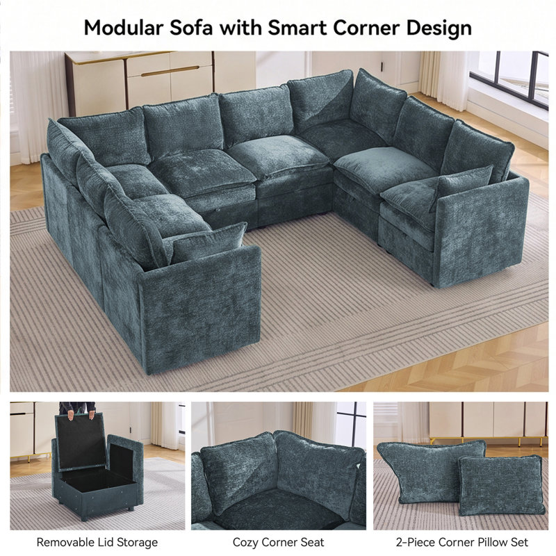 Canapé modulaire surdimensionné surdimensionné avec rangement caché en forme de U, Forme en U, Bleu
