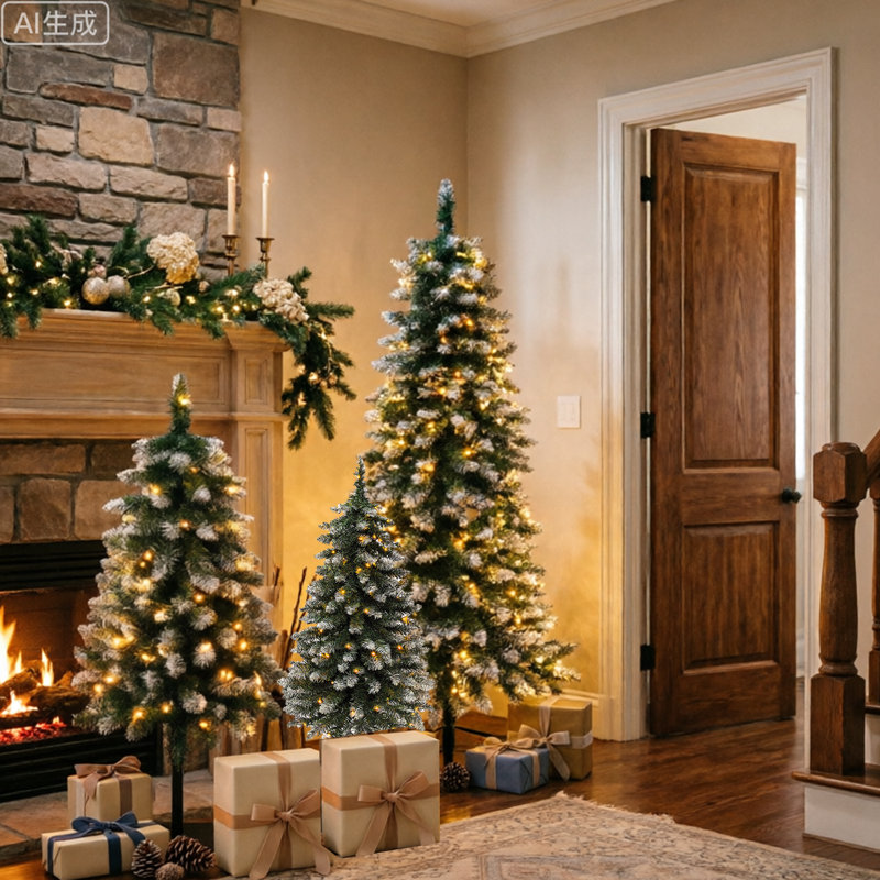 6-Pack Pre-Lit Snow Flocked Pencil Christmas Tree Set – 3FT / 4FT / 5FT Slim Artificial Xmas Trees with Warm LED Lights, 8 Lighting Modes & Flat Metal Base – Space-Saving Holiday Decor for Front Porch, Entryway & Small Apartments