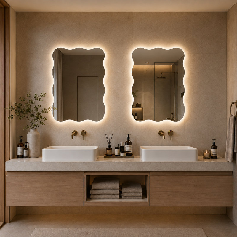 Scalloped Wavy Led Backlit Bathroom Mirror With Anti-fog, 3 Color Temperature Dimmable Light, Frameless Tempered Glass Vanity Mirror (vertical/horizontal, Plug-in/hardwired)
