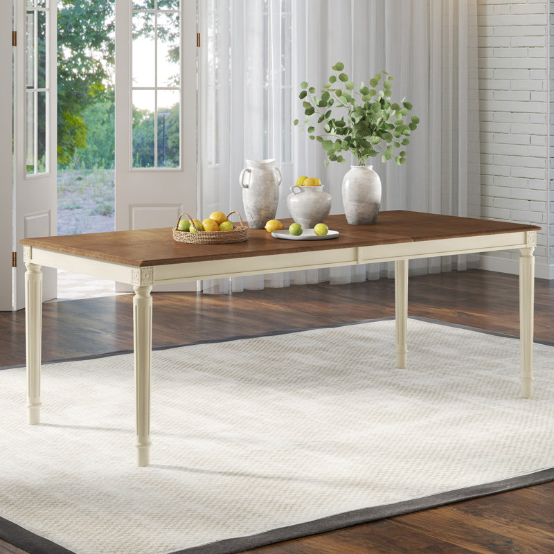 Farmhouse Rectangular Solid Wood Dining Table, Brown/White