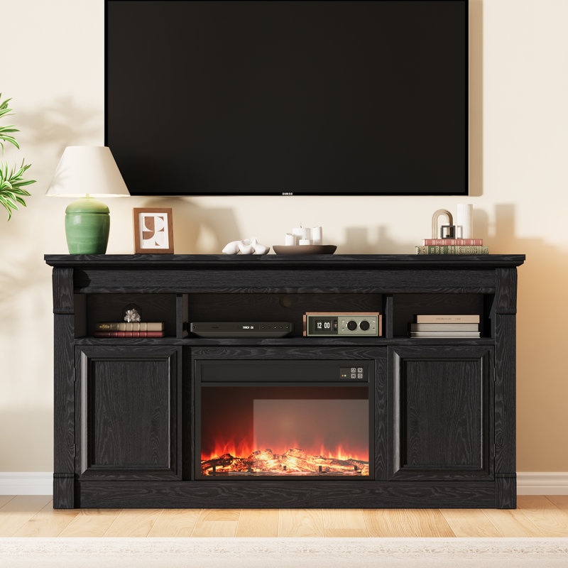 59" Farmhouse TV Stand for TVs Up to 65 Inches, Entertainment Center with Open Storage Cabinets, Black