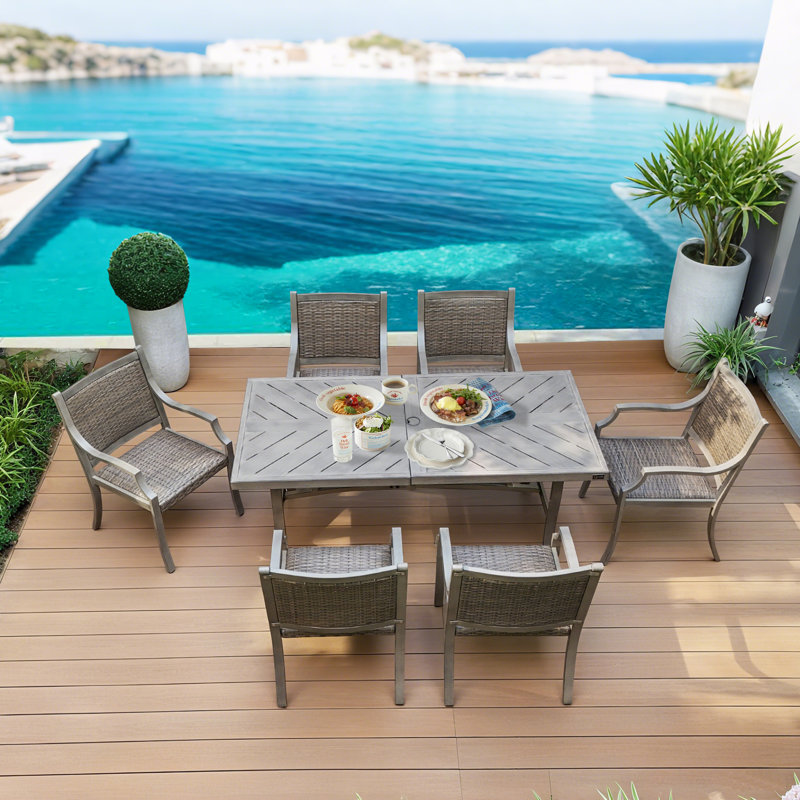 Patio Metal / Wicker 6 Person Dining  Set With Umbrella Hole