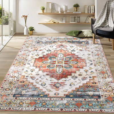 Washable Area Rug, Vintage Medallion Low Pile Non Slip Foldable Pearl Velvet Indoor Carpet, Teal Orange Multi, 4'x6'