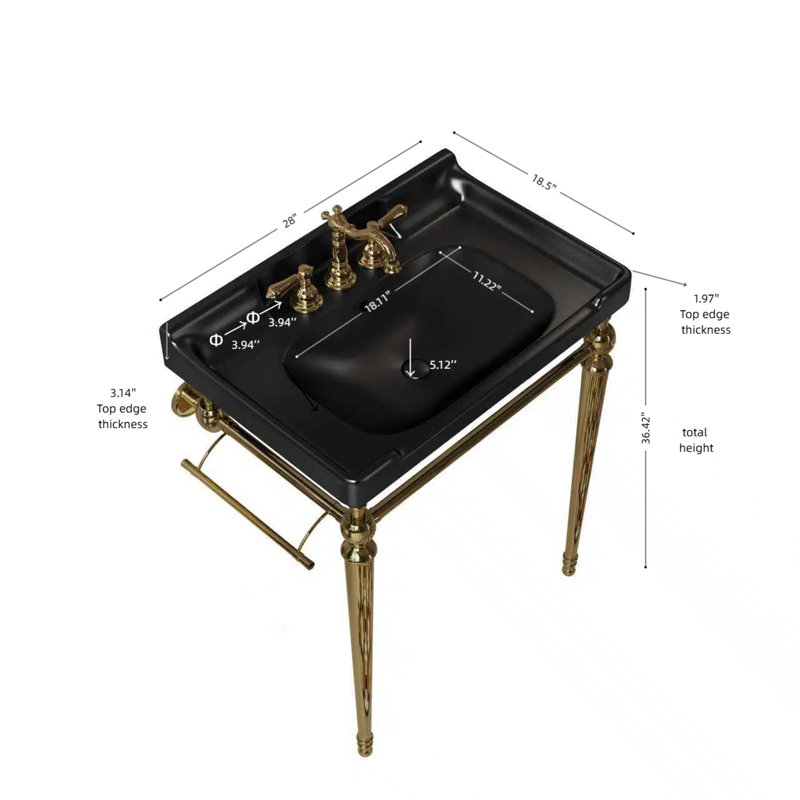 Meuble-lavabo mural en céramique noire 28 pouces, Doré, L 28 po, Noir