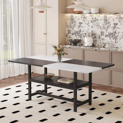 Rectangular Dining Table, 71" Farmhouse Dining Table, Marble Grain Tabletop With Metal Frame, Black/White Split-Color