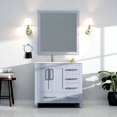Meuble-lavabo de salle de bain 36 po X P 22 po D, dessus en marbre de Carrare décalé à gauche, ensemble de robinet et Miroirs