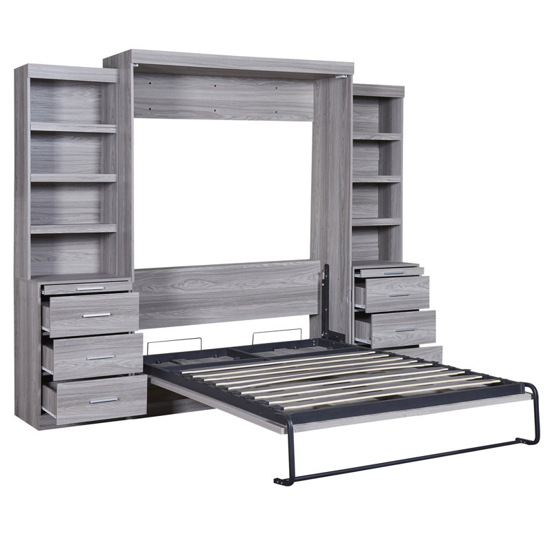 Lit double avec rangement, gris - Structure solide et stable Polyvalentes tablettes et tiroirs de rangement fonctionnels