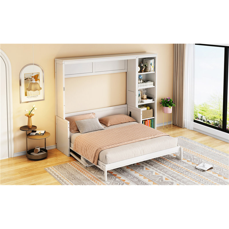 Grand lit escamotable avec bureau et bibliothèque, Blanc, Grand lit