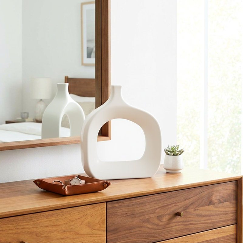  Orlando 11" Open Hole Ceramic White Vase, White