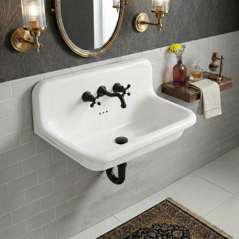 Fireclay Wallmount Bath Sink with Faucet, Drain and P-Trap Set, White/Matte Black