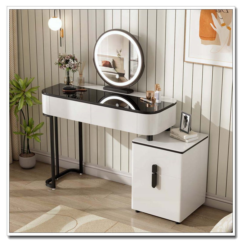 Modern Vanity Table with Tempered Glass Top, Adjustable Height Legs, Multi-functional Storage Cabinet and Round Mirror