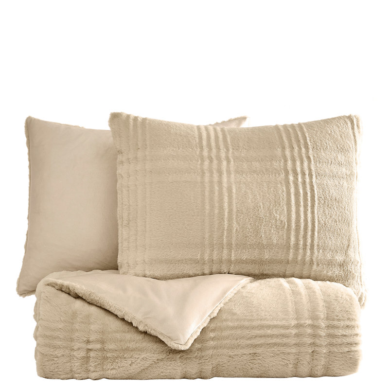 Brooklyn Loom Carved Faux Fur, Queen Comforter + 2 Queen Shams, Tan