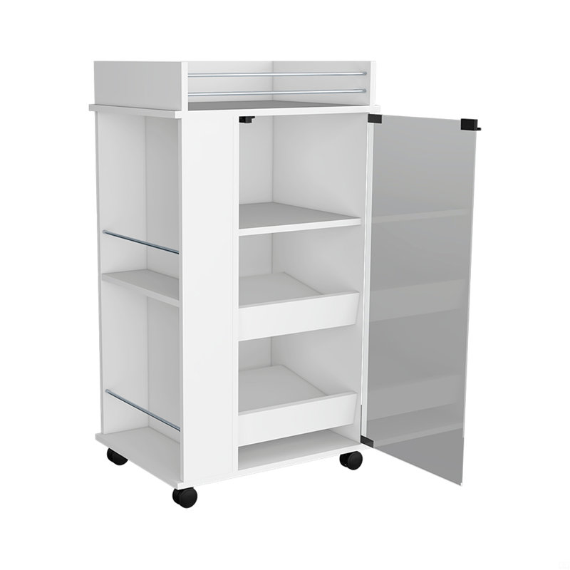 Chariot-bar avec tablettes à deux côtés Beaver, porte vitrée et surface supérieure, Blanc