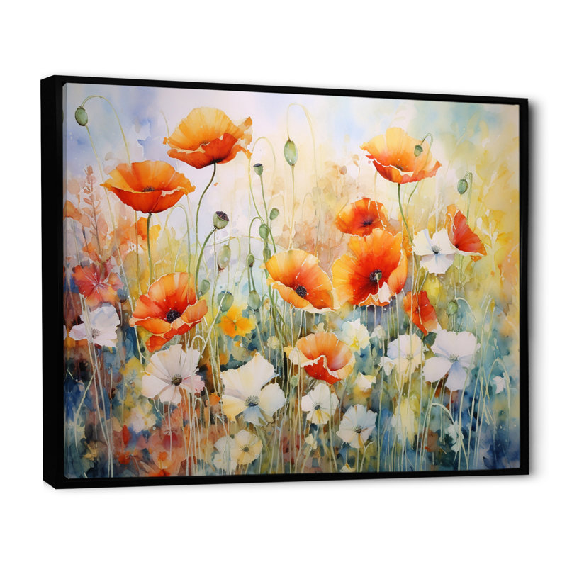 Fleurs de coquelicots en fleurs rouges et blanches dans les prés - Décoration murale coquelicots, Cadre flottant noir