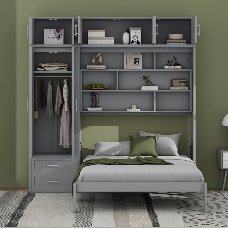 Grand lit escamotable avec armoire et armoire, Gris