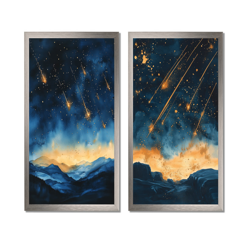 Météores à travers minuit I - Ensemble de 2 impressions sur toile spatiales, 40" H x 40" W, Silver Picture Framed