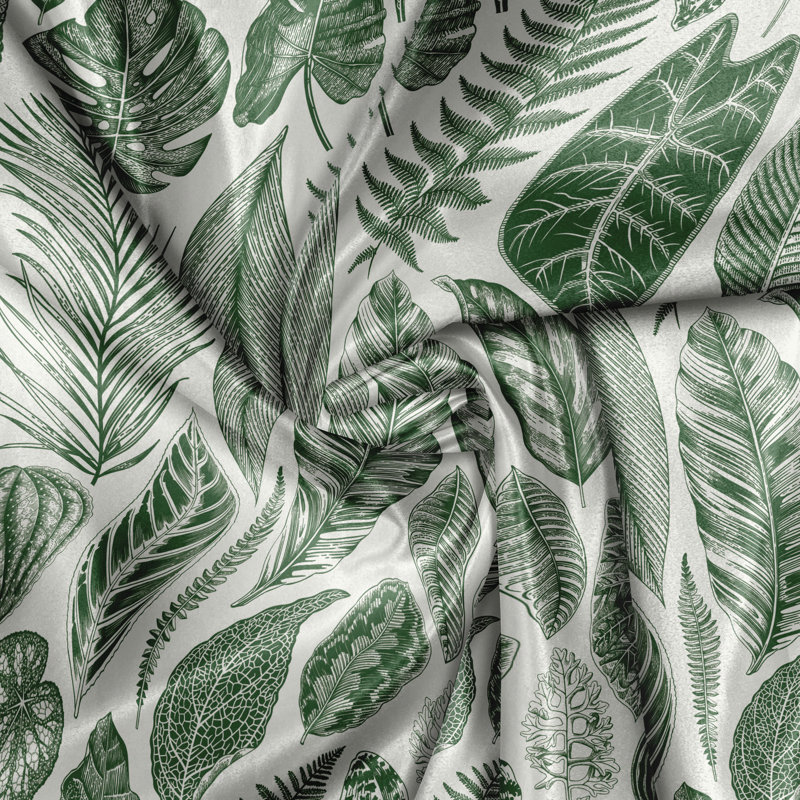 Rustic curtain, vintage exotic leaves, green and ivory, 280cm W x 375cm L