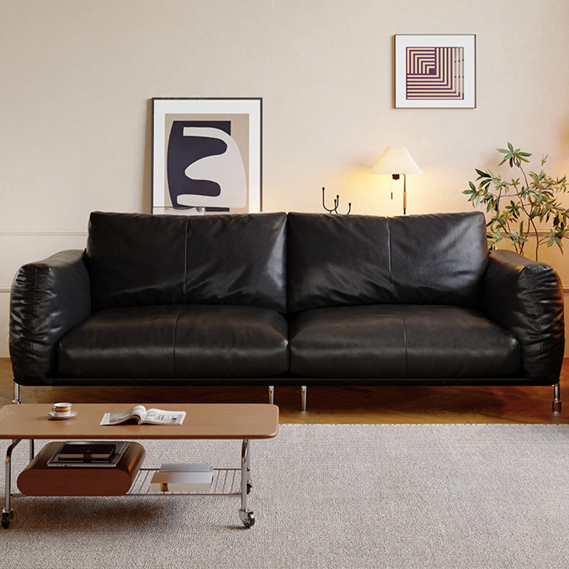 Canapé modulaire noir en cuir véritable, 94.49" W