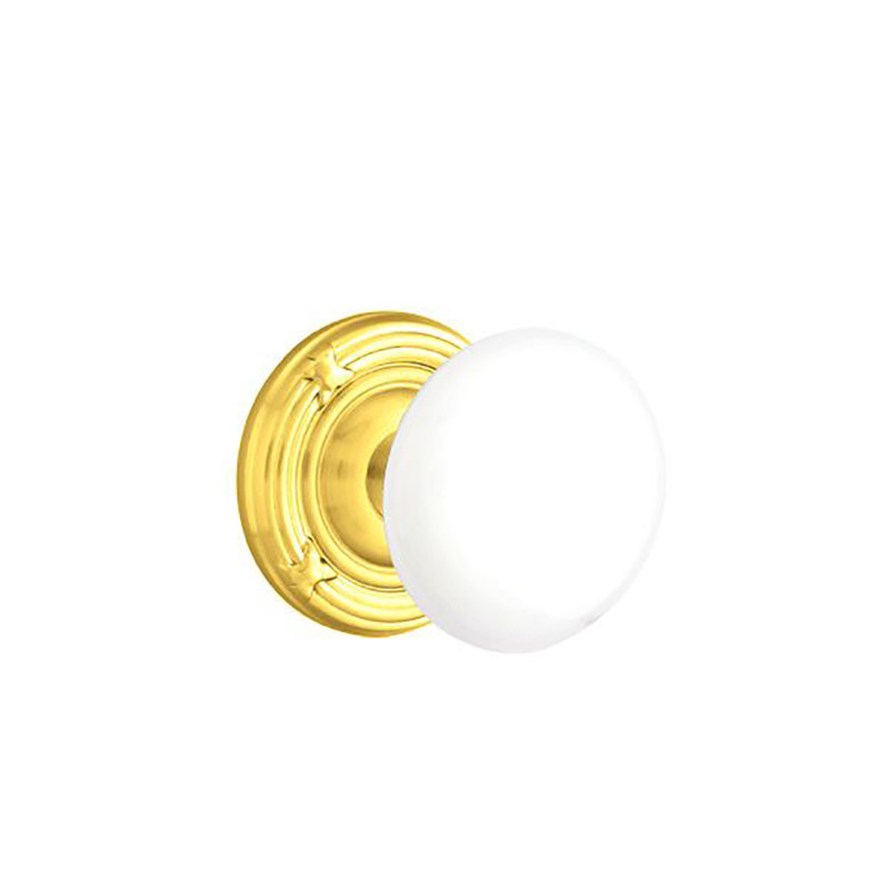 Ensemble de faux boutons Emtek avec ruban et roseau et bouton en porcelaine blanc glacé, Laiton poli