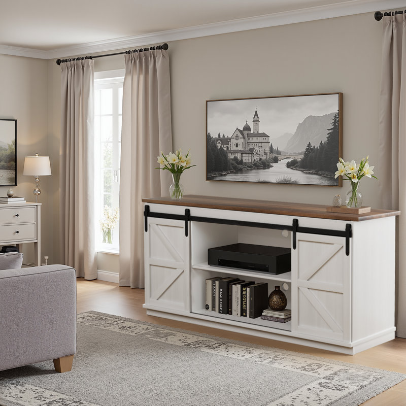 Tv Stand For Tvs Up To 65" With Double Sliding Barn Doors And Storage Cabinets, White Wood