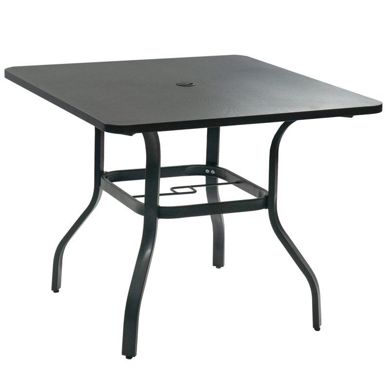 Square Metal Patio Dining Table with Woodgrain Top and Umbrella Hole