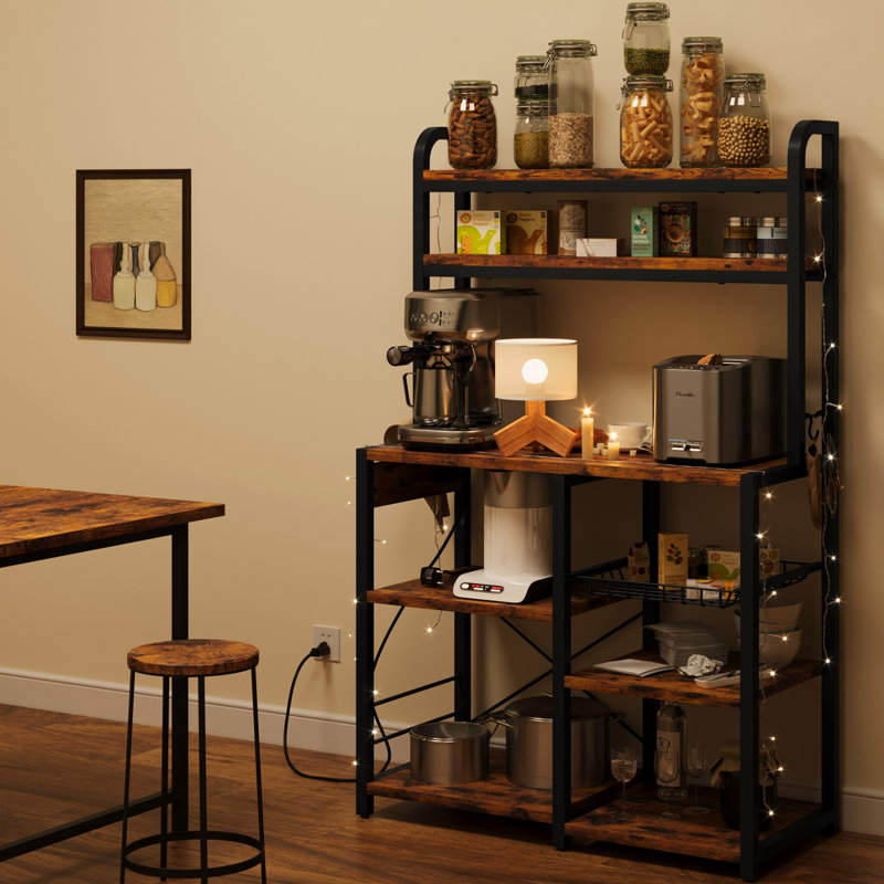Étagère Bakers avec prise de courant, étagère de cuisine à 6 niveaux avec huche, table buffet avec tiroir