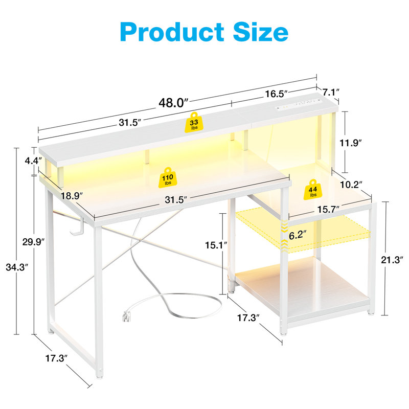 Nergui Home Office Computer Desk with Power Outlet,LED Lights & Adjustable Shelf, White/White