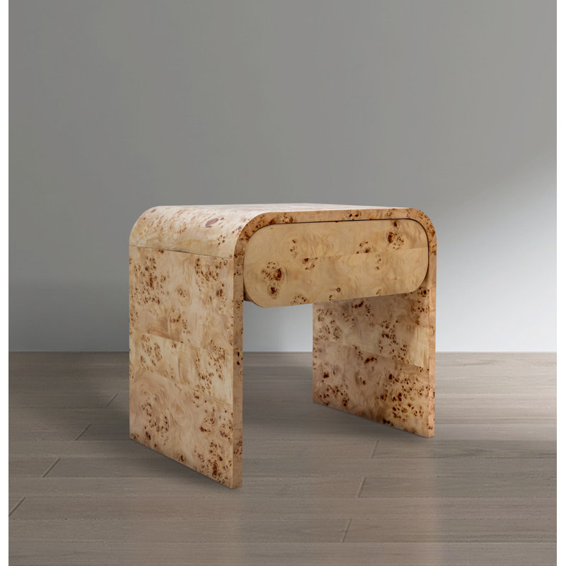 Burl Wood Curved Minimalist Nightstand with Single Drawer