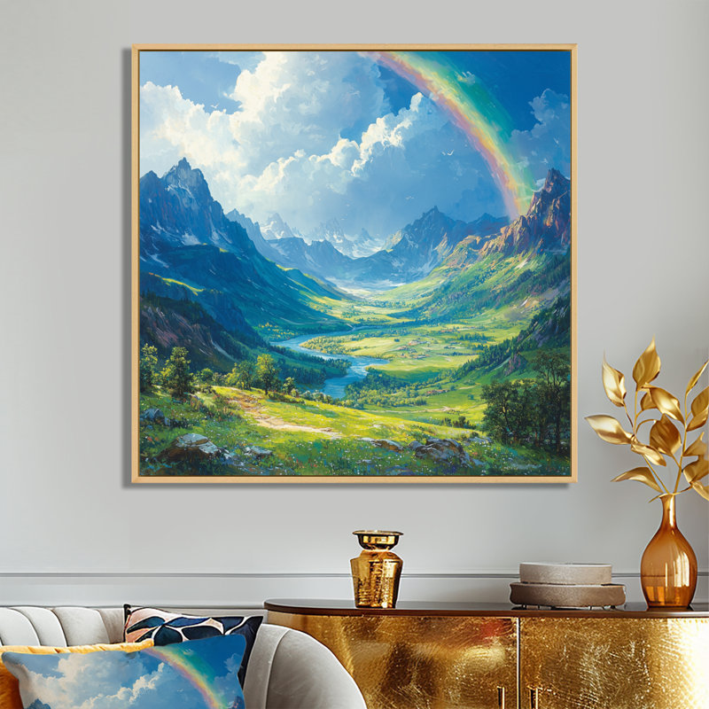 Graehl arc-en-ciel dans la vallée de la montagne I - art mural arc-en-ciel, Impression encadrée flottante, H 36 po x l 36 po
