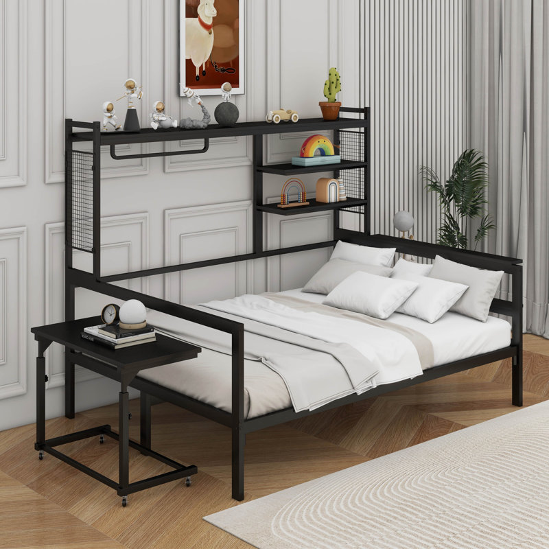 Lit de jour en métal avec bureau mobile, grille en métal, tablettes et cintre, Complète, Noir