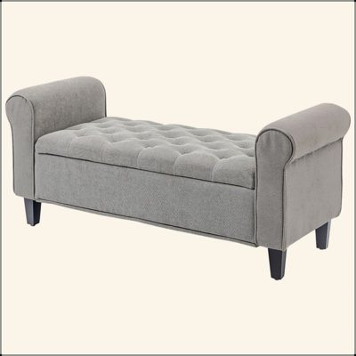 50" Storage Ottoman Bench, Upholstered End Of Bed Bench With Rolled Arms, Wood Legs, Button Tufted Storage Bench With Safety Hinges For Living Room, E