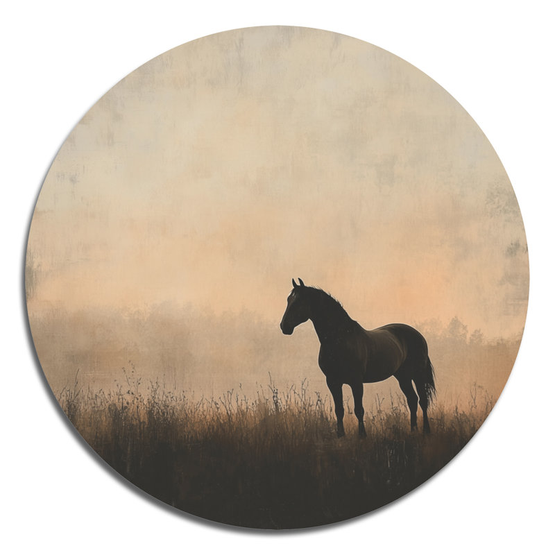 Décoration murale ronde en forme de cheval dans la brume matinale - animaux, 16" W x 16" H