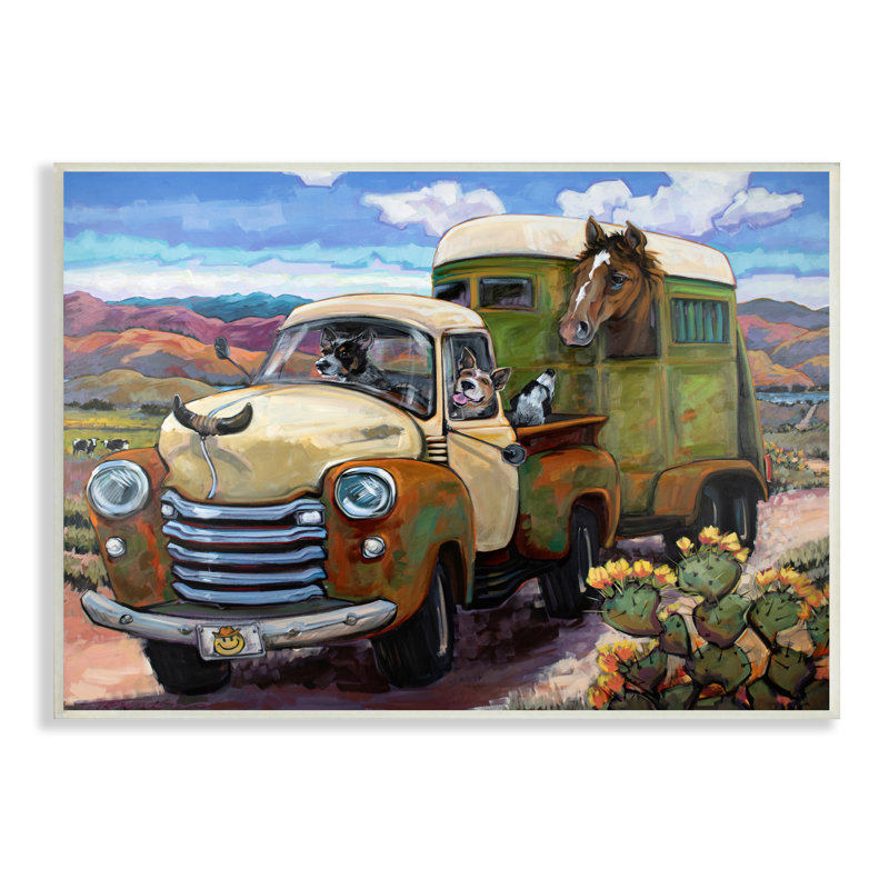 Chiens conduisant un camion rustique rétro avec chariot à cheval, H 10 po x l 15 po x P 0,5 po, Plaque murale