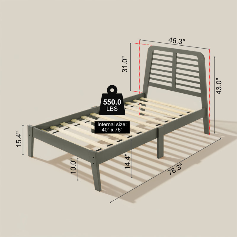 Allyannah Bustillo Modern Solid Wood Twin Platform Bed with Headboard, Gray